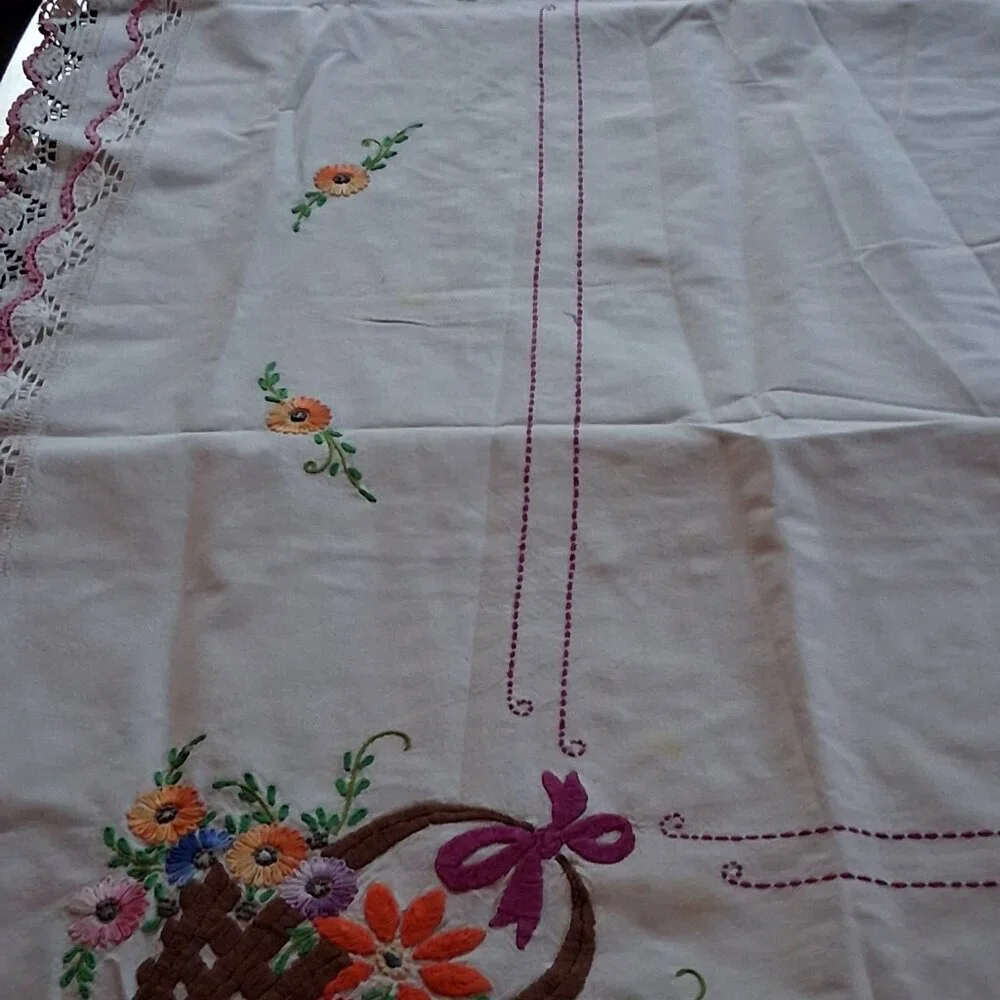 Vintage 1950s Hand Embroidered Easter Basket Tablecloth 72x53 w/ Crochet Trim